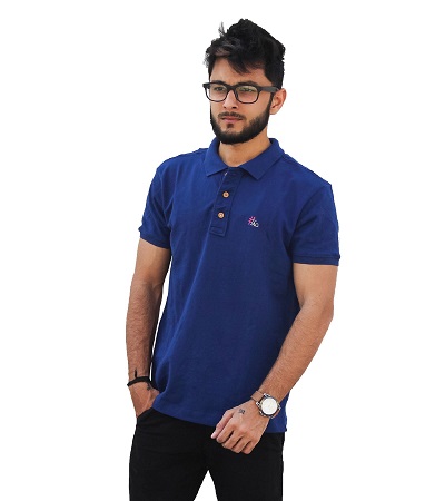 Blue & Anthra melange collar tshirt on model